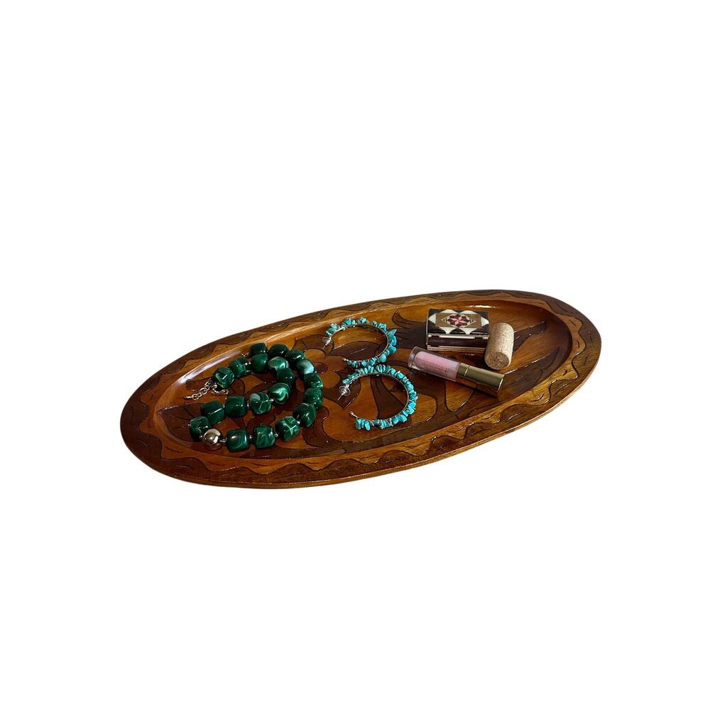 Vintage Oval Floral Wooden Carved tray platter